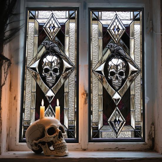 Хэллоуин Наклейка на окно Водонепроницаемый ПВХ Череп Паук Тыква Ведьма Мрачный Жнец Статическая наклейка на стекло Украшение для дома, офиса, вечеринки Декаль