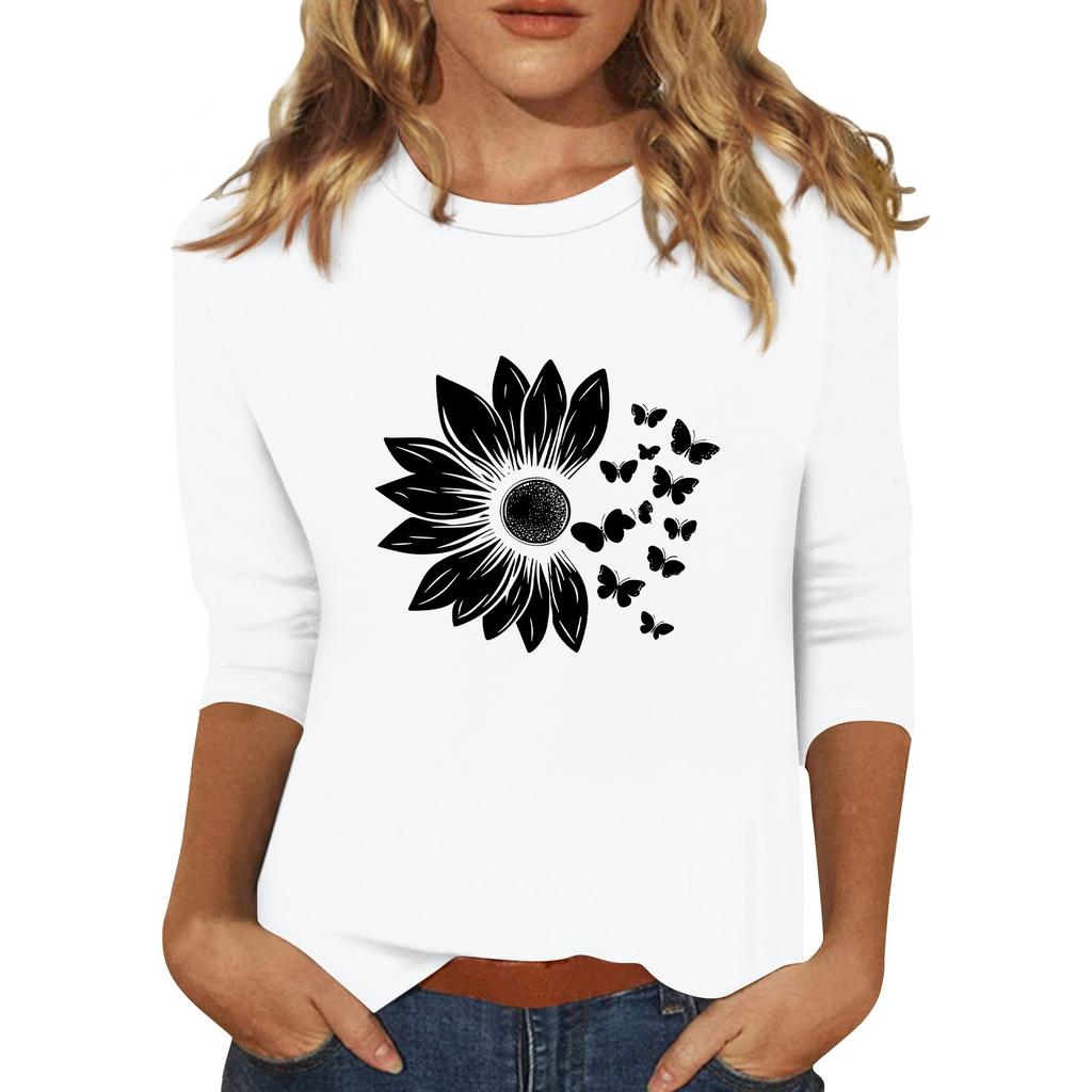 Women's Fashionable Casual Three Quarter Sleeve Printed Collar Pullover Top