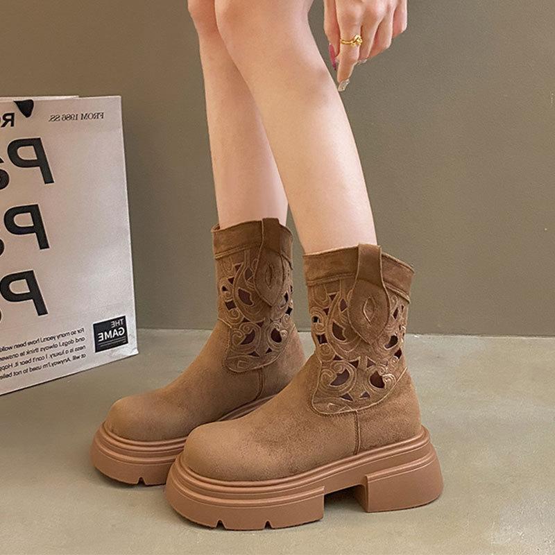 Thick-soled Retro Hollowed-out Western Cowboy Small Short Boots Women's New Breathable Heightening Cool Boots Medium Tube Martin Boots