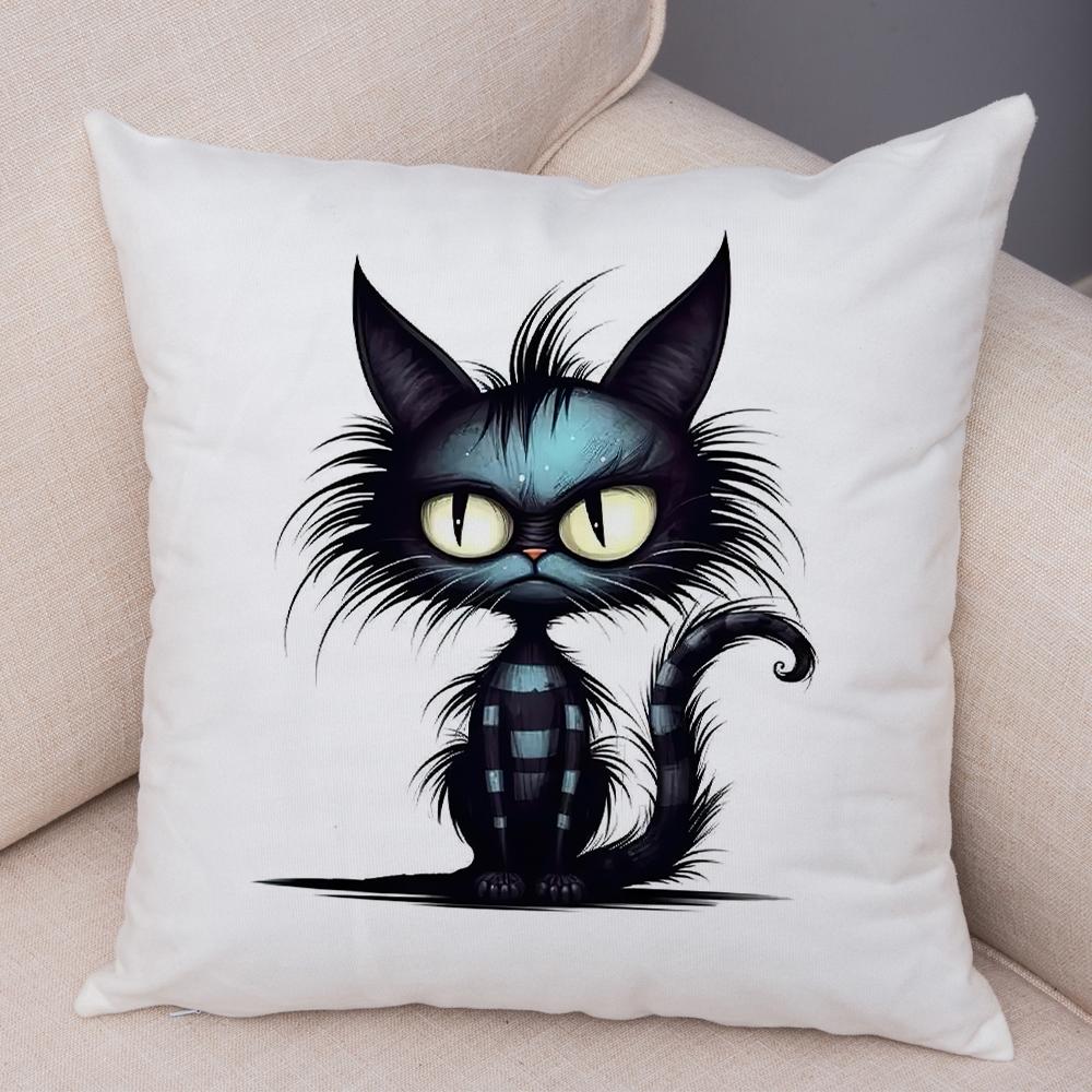 Grumpy Black Cat Pillowcase Double Print Striped Whimsical Cat Cushion Cover Soft Plush Curly Eared Fierce Cat Pillowcase