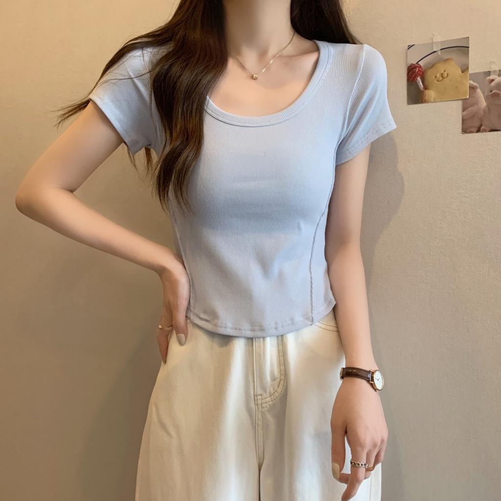 Модные корейские синие женские футболки летние с коротким рукавом U-образным вырезом повседневные тонкие однотонные простые нерегулярные короткие футболки женские укороченные топы y2k одежда
