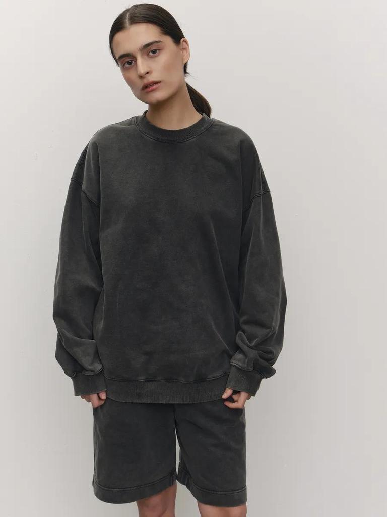 Trendy American Retro Black Distressed Crewneck Sweatshirt – Loose Fit, Street Style, Solid Color, Perfect for Spring & Autumn