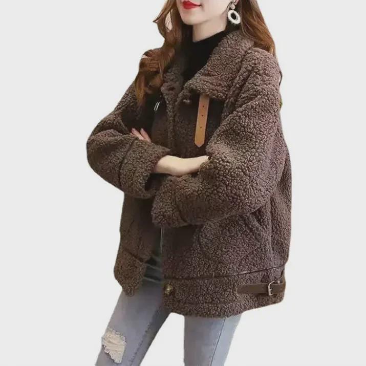 Women's Winter Oversized Lambskin Lapel Cardigan - Korean Style Thickened Sweater
