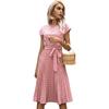 Women's Polka Dot Print Midi Dress Crewneck Short Sleeve A-Line Dress with Belt Summer