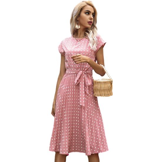 Women's Polka Dot Print Midi Dress Crewneck Short Sleeve A-Line Dress with Belt Summer