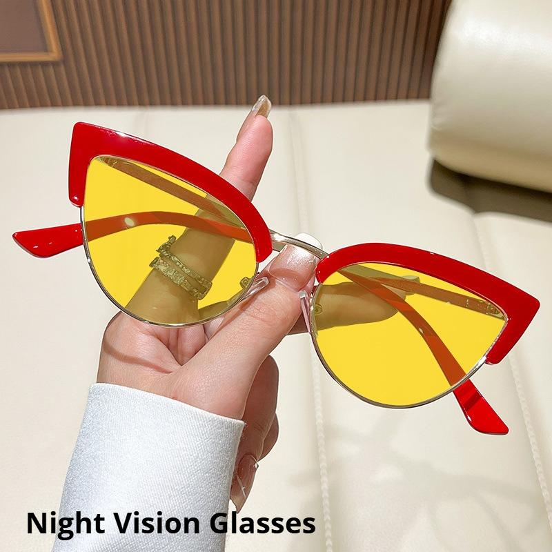 Metal Half-Frame Night Vision Anti-Blue Light Glasses Orange & Red Lenses Unisex Fashion Cat-Eye Gaming Eye Protection Glasses