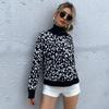 Винтажная мода элегантный повседневный женский длинный рукав высокий воротник жаккард черный леопардовый свитер