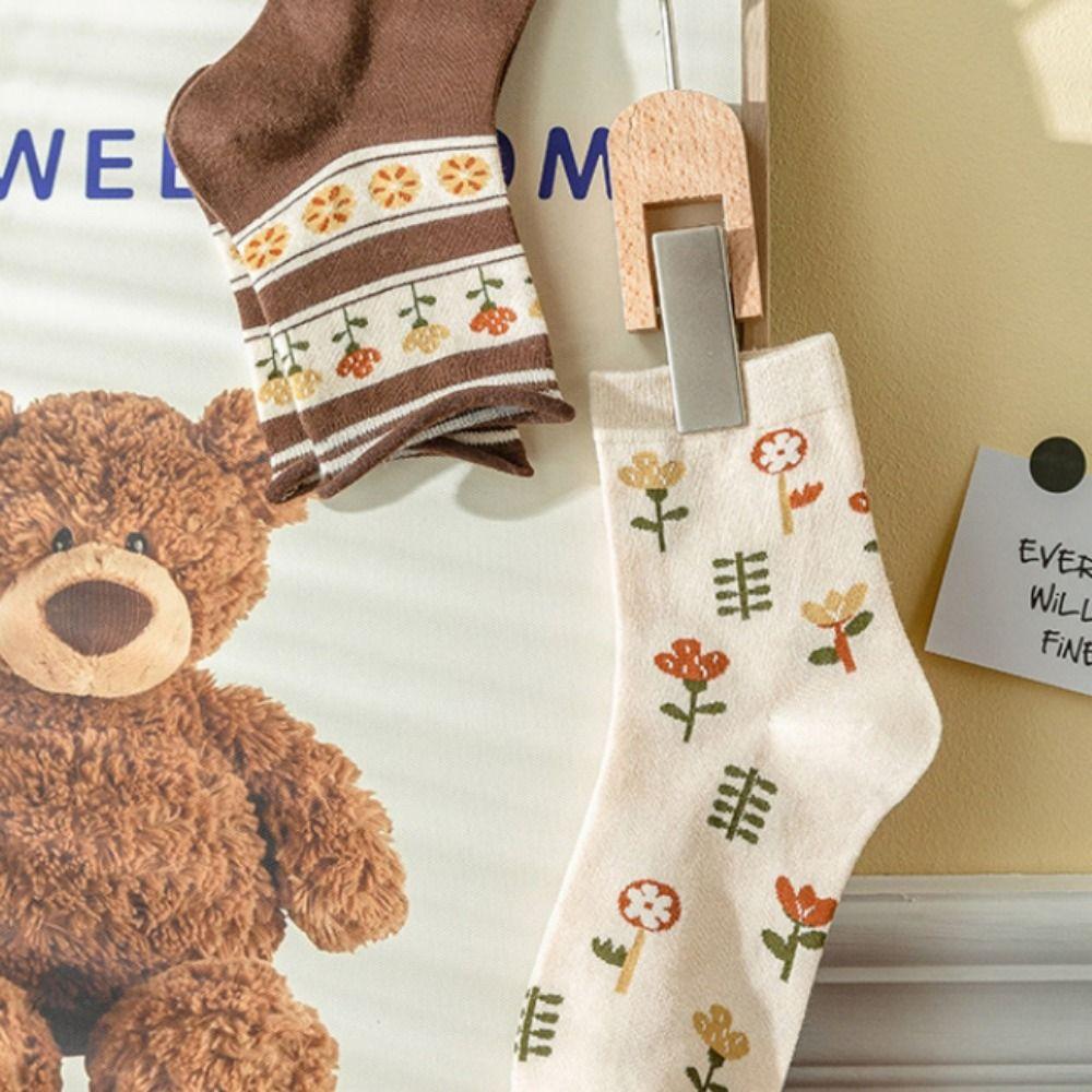 Носки с цветочным принтом, милые вязаные носки средней длины, носки для сна, носки средней длины с цветком, осень