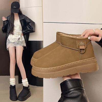 Ретро короткие сноубутсы на толстой подошве для женщин, новые удобные бархатные теплые хлопковые туфли на одной педали для женщин