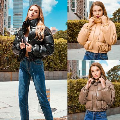 Женское осенне-зимнее блестящее хлопковое пальто в европейском и американском стиле, кожаная куртка с воротником-стойкой, короткое теплое хлопковое кожаное пальто для женщин