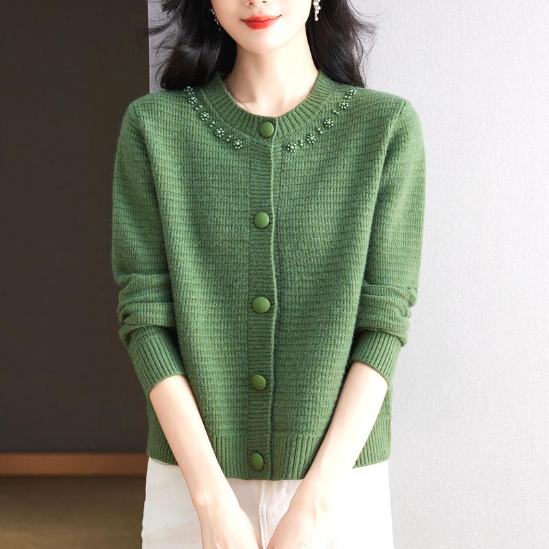 Autumn and Winter Fashion Women's Sweater Knitted Cardigan Round Neck Pearl Sweater Coat Thickened