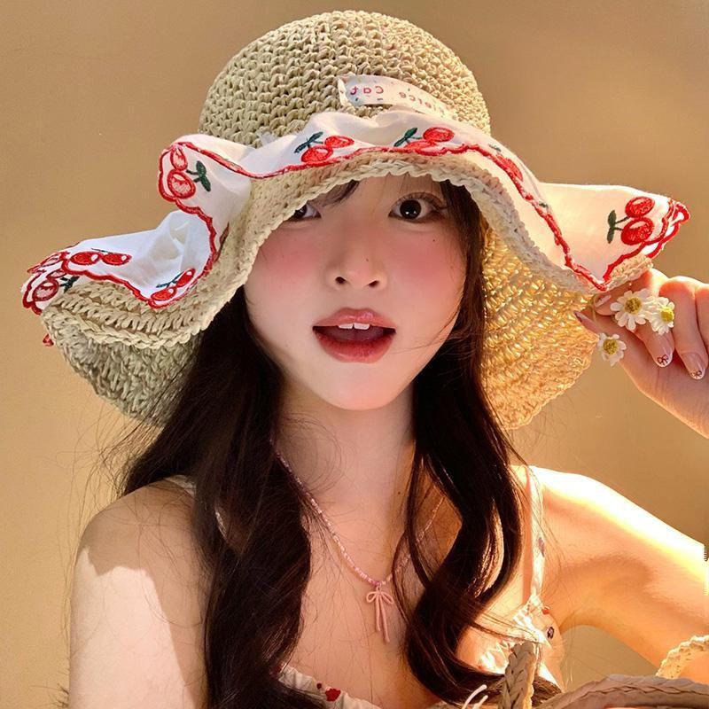 Lace Sun Cherry Hat Women Summer Beach Vacation Large Brim Sun Protection Cap