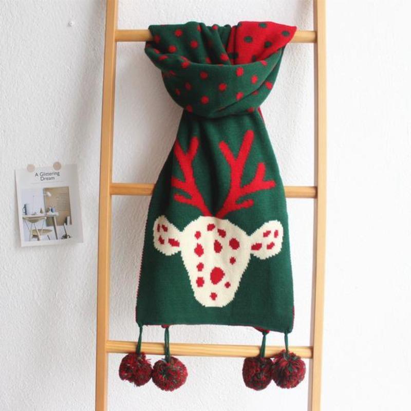 Рождественский женский шарф с оленями, в горошек, двухсторонний, с шерстяными помпонами, вязаный, корейский, осенне-зимний, повседневный, модные женские аксессуары