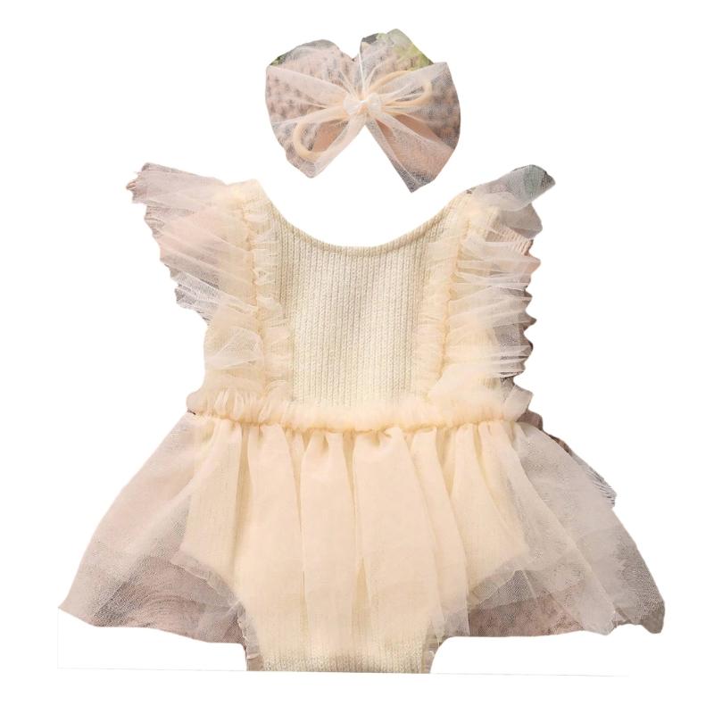 1 Комплект Фото-Наряда для Младенцев Девочек Дышащий Комбинезон-Платье и Нежный Кружевной Ободок Аксессуары для Новорожденных