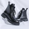 Casual Leather Mens High Top Shoes Thick Bottom Male Motorcycle Boots Lace-up Solid Mid-Calf Ankle Boots Warm Plush Fur Footwear
