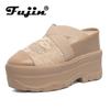 Fujin 10 см 12 см, удобная дышащая брендовая летняя обувь на танкетке с кружевом и эластичной лентой, модная женская обувь высокого качества