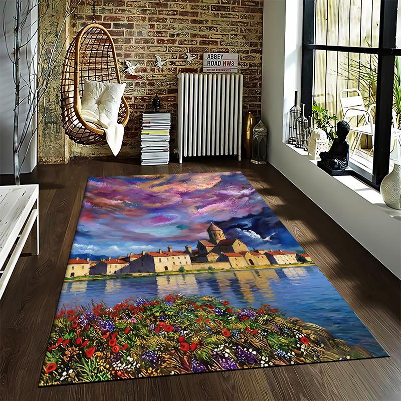 "Colorful Landscape Carpet with Village, Sky, and Floral Pattern" Suitable for use as an anti-slip for living room bedroom sofas