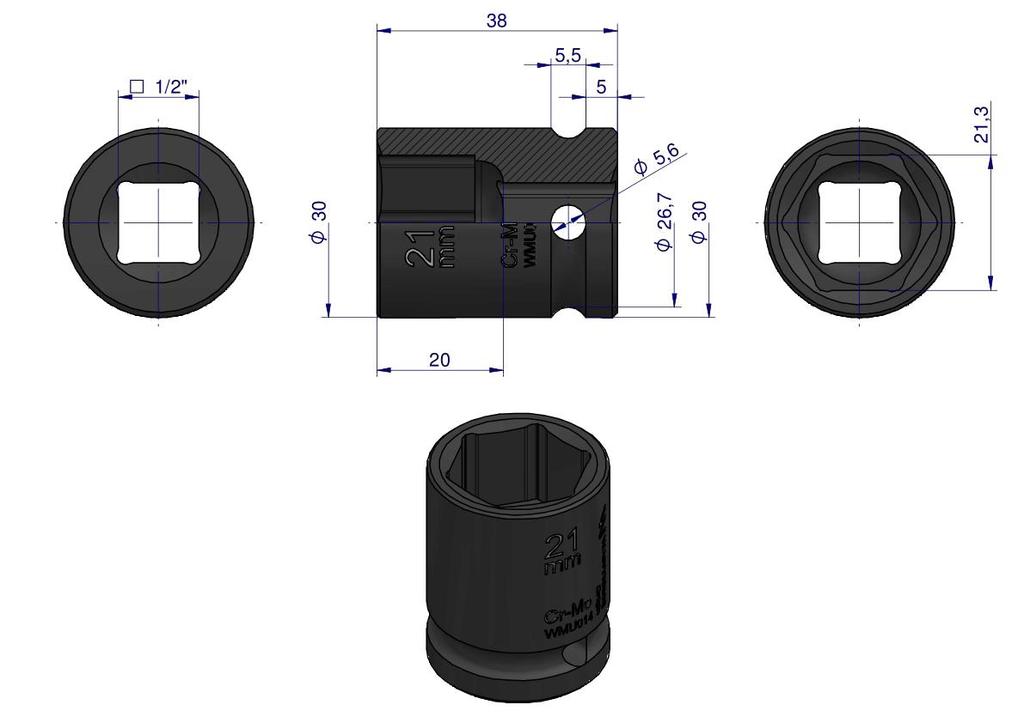 Nasadka Udarowa Sześciokątna 1/2". 21 Mm. Crmo. Din 3129. Waryński