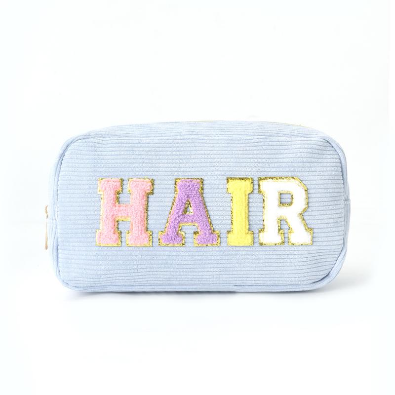 Travel-Friendly Corduroy Makeup Bag with High Capacity and Embroidered Lettering