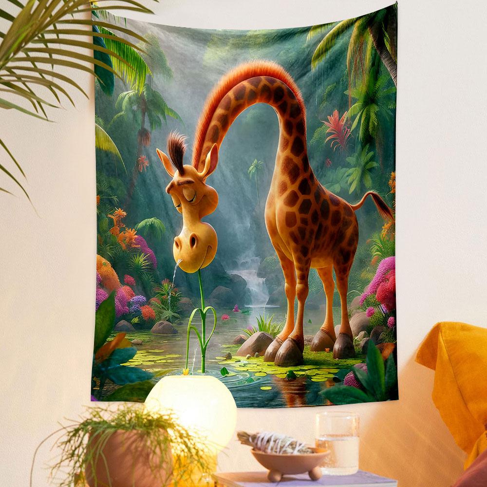 "Whimsical Giraffe in Tropical Paradise" Patterned Tapestry Decorative Wall Hanging, Home Bedroom Living Room Decor