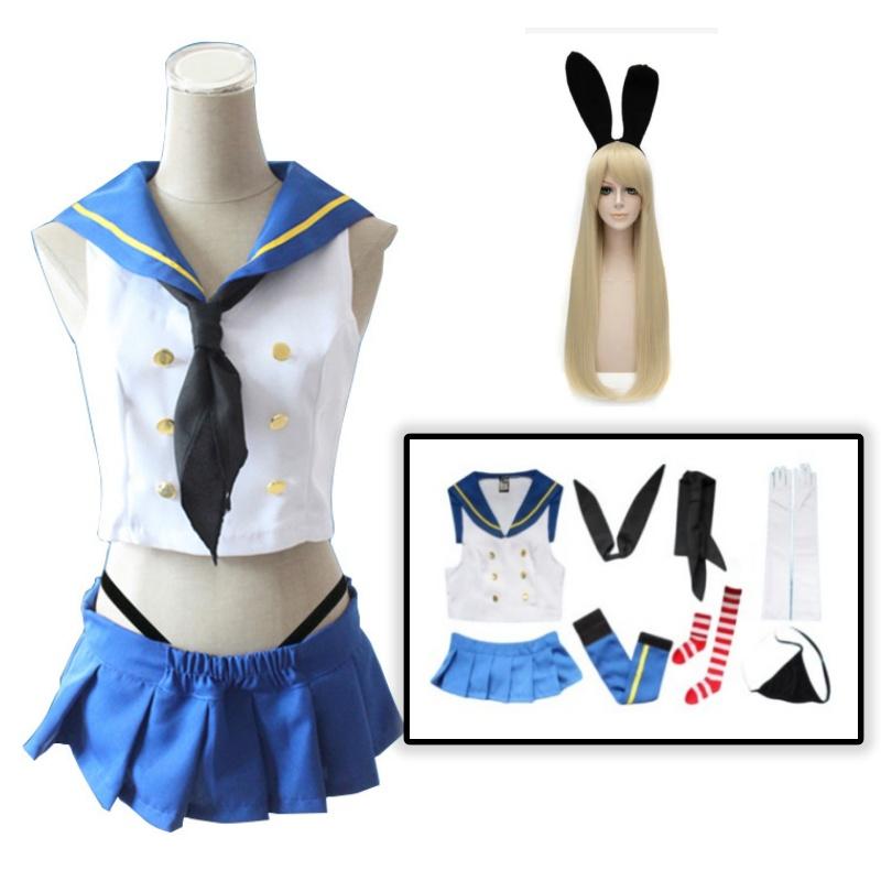 Shimakaze Косплей Аниме Kantai Коллекция Shimakaze Косплей Костюм Униформа для Девочек Парик Платье Матроски Костюм Хэллоуин Вечеринка
