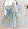 Платье для девочек Летнее Новое Корейское Принцесса Сетка Жемчуг Круглый Вырез Большой Бант Рукав-пузырь Пышное Платье Детская Одежда для Девочек