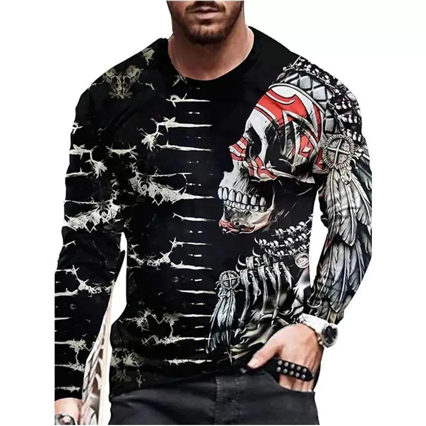 Spring and Autumn Horror Skull Pattern 3d Printed O-Collar Long Sleeve Loose Vintage Printed Men's T-shirts