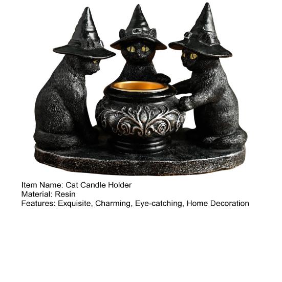 Хэллоуин Подсвечник Черные Коты Готический Полимерный Кот в Шляпе Ведьмы Статуэтка Подставка для Чайной Свечи для Вечеринки в Помещении Каминная Полка Кофейный Столик Центральный Элемент