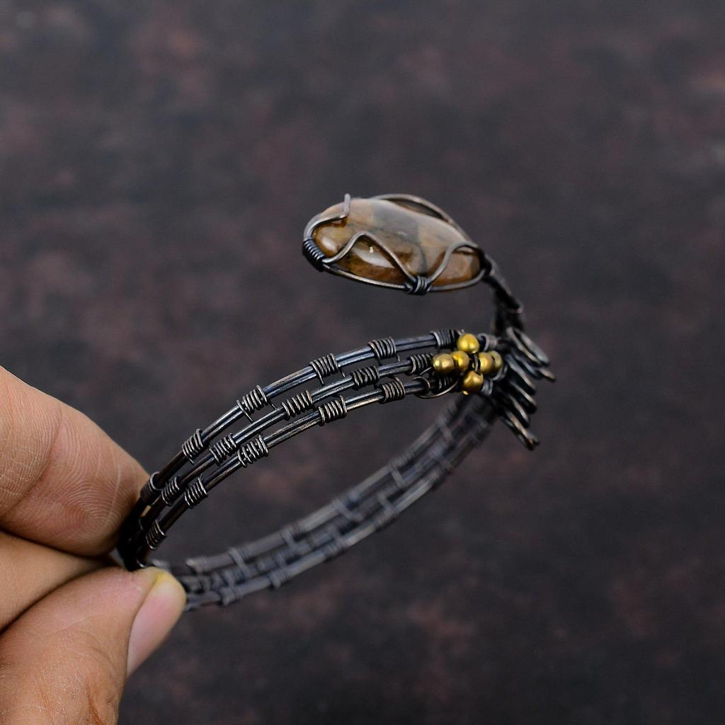 Браслет из хиастолита, браслет-манжета с медной проволокой, регулируемый браслет для подарка, ювелирные изделия ручной работы из медной проволоки, оригинальные браслеты с драгоценными камнями