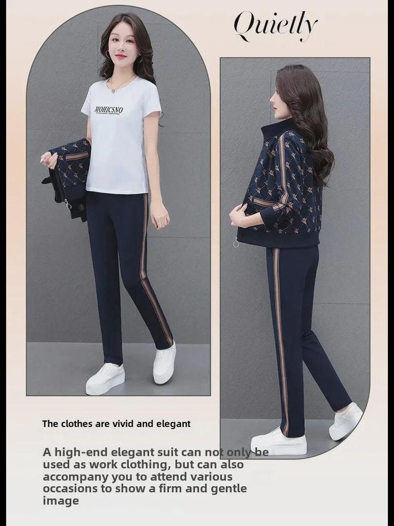 2024 Spring Women's Casual Three-Piece Contrast Color Sports Suit for Middle-Aged Mothers