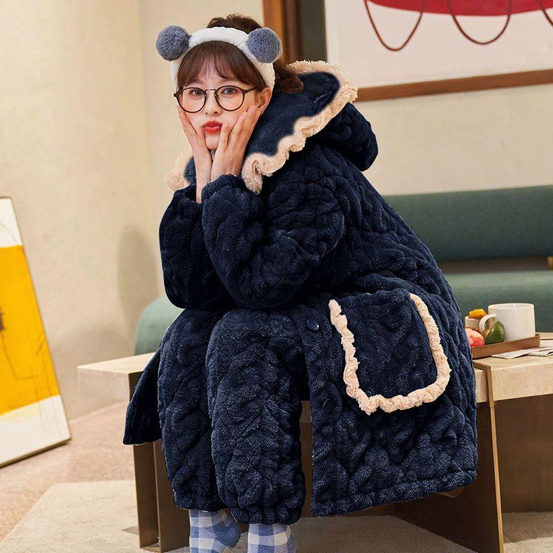New Coral Fleece Pajamas Women's Autumn and Winter Pajamas Three Layers Thickened Plush Home Clothes Warm Cotton Home Clothes Set