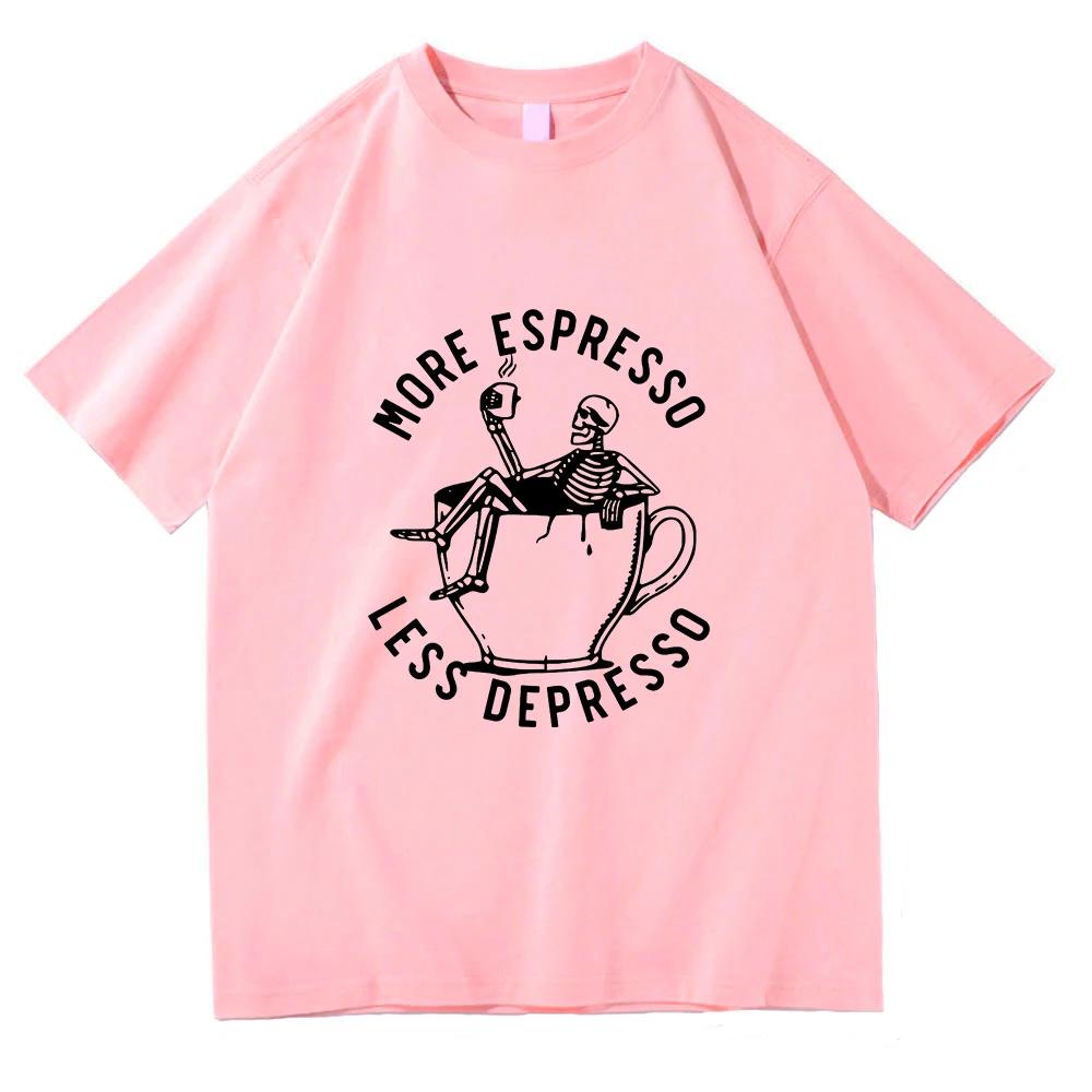 Летняя мужская футболка с коротким рукавом из 100% хлопка с принтом скелета, пьющего кофе, в стиле хоррор, с надписью "Summer men's more espresso less Depresso"