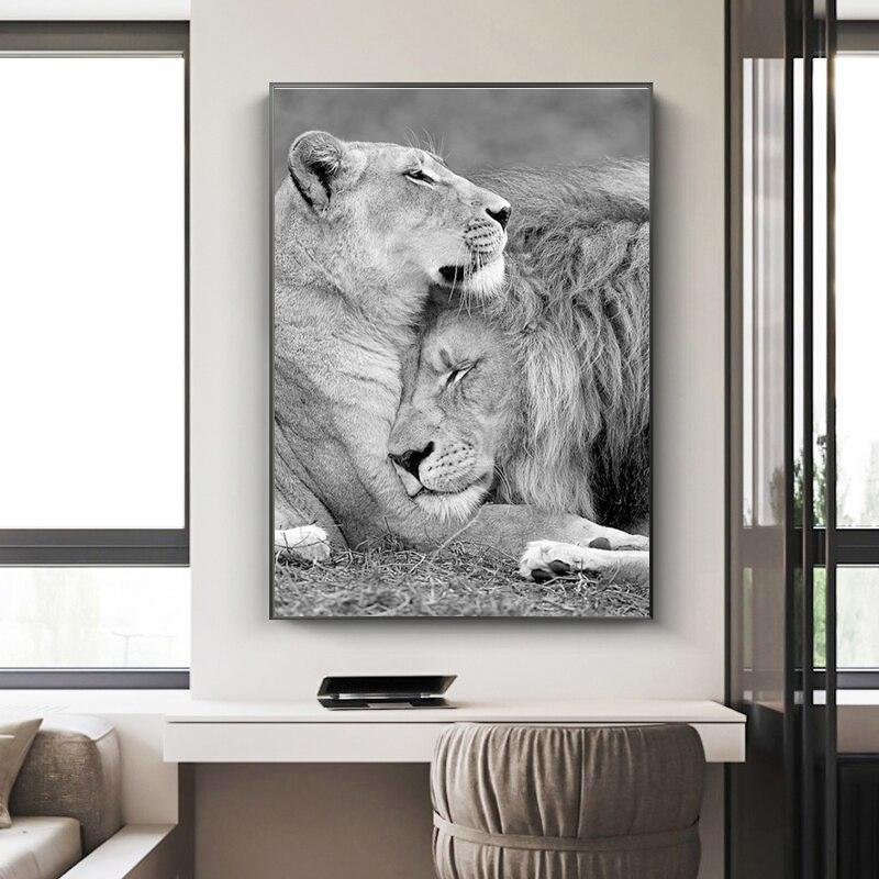 Скандинавский холст, картина, черно-белые львы, объятия, плакат и принт, настенные художественные фотографии для украшения гостиной, Cuadros