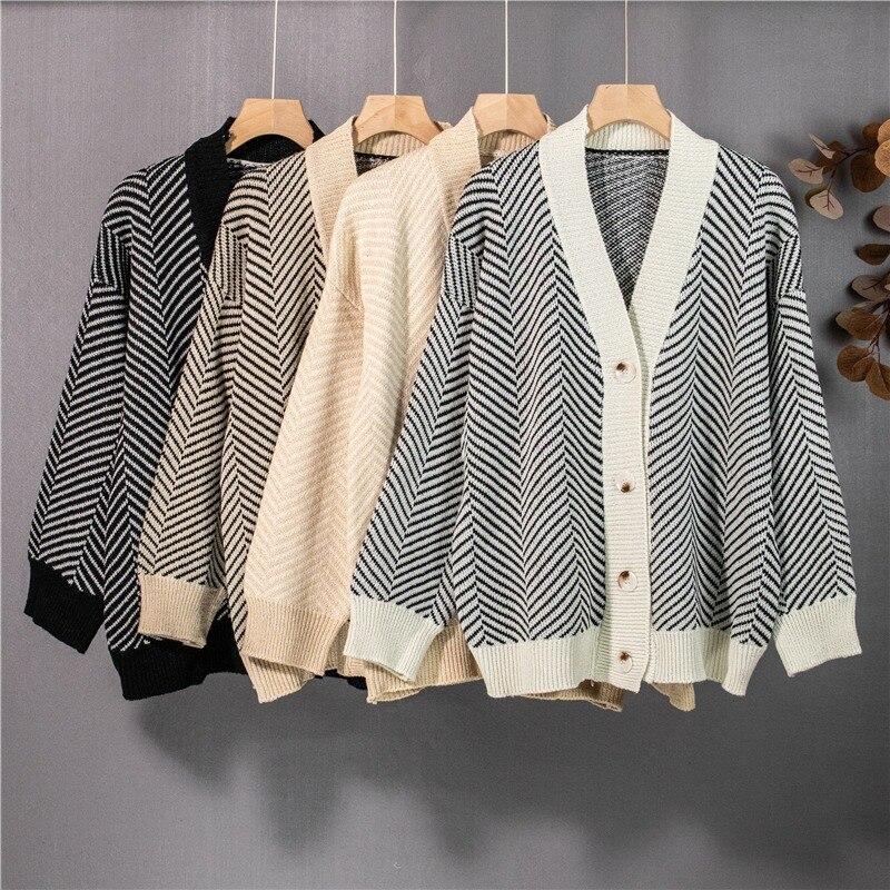 Vintage Striped V-neck Knitted Cardigan Jacket Women Loose Single-breasted Sweaters Coat Winter Fashion Korean Knitwears 29361