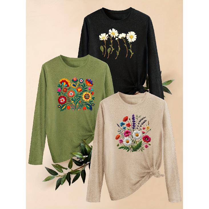 Three-piece set Women's Autumn Clothing Bohemian Style Vintage Floral Print Round Neck Casual Loose Fit Plus Size Long Sleeve T Shirt Fashionable