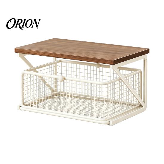 Dust Proof Storage Drawer Coffee Station Organizer with Drawer, Tiered Bar Organizer, Wooden Top Shelf, Small Desktop Furniture Wire Mesh Drawers for