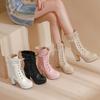 Ruffles Vintage Lolita Women's Wedding Boots Chunky Block Square High Heels Lace Up Thick Platform Gothic Shoes Black White Pink