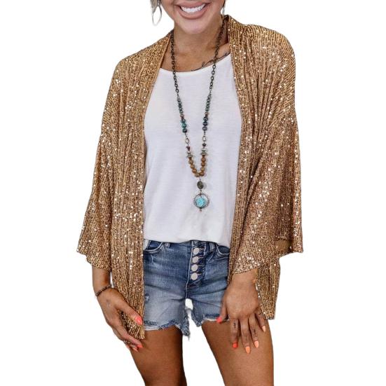 Women Sequin Coat Long Sleeve Open Front Solid Color Jacket Solid Color Spring Autumn Mid-length Cardigan