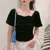 Квадратный вырез воротник ключица плиссированный короткий рукав вязаный свитер женский летний ретро короткий милый топ футболка повседневный Essential Slim Fit пуловеры футболки
