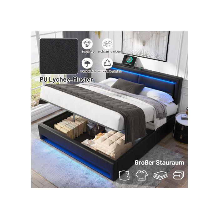 Мягкая кровать - MUVOE - 140 x 200 см - USB - Светодиодная подсветка - Хранение под кроватью