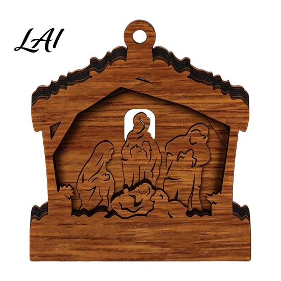 Multi Purpose Wood Decor 3D Wooden Light Up Christmas Ornament Layered House Tree Snowman Art Nativity Scene Hanging Decoration for Xmas Tree,