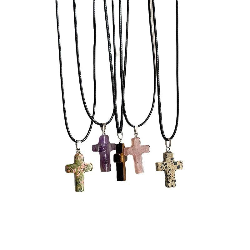 Niche Design Sense Natural Stone Cross Black Rope Necklace Female Simple Sweet Cool Personality Versatile Neck Chain Collarbone Chain