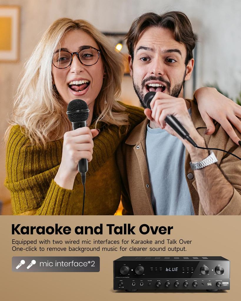 Donner Power Audio Amplifier Premium 1000W Max Output 4 Channel Amplifier with Bluetooth 2 Mic Home Theater Speaker Amplifier, 5.0, USB, FM, In, Echo,