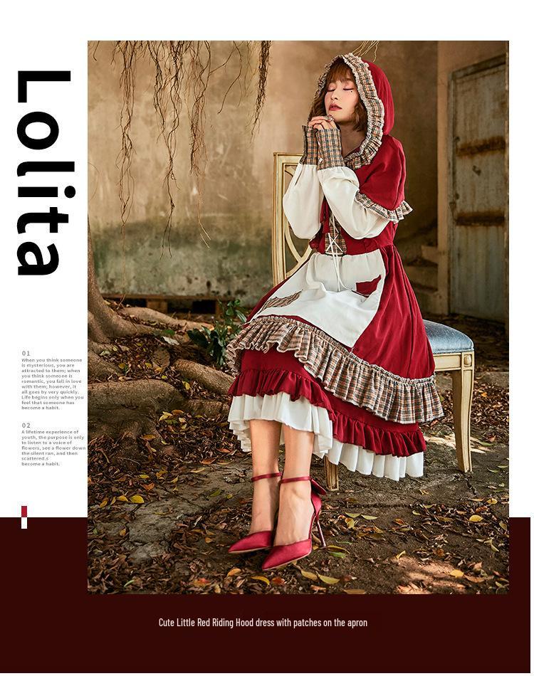 Лолита Ностальгическое Кружево Косплей Платье Красной Шапочки - Винно-красное Костюм на Хэллоуин