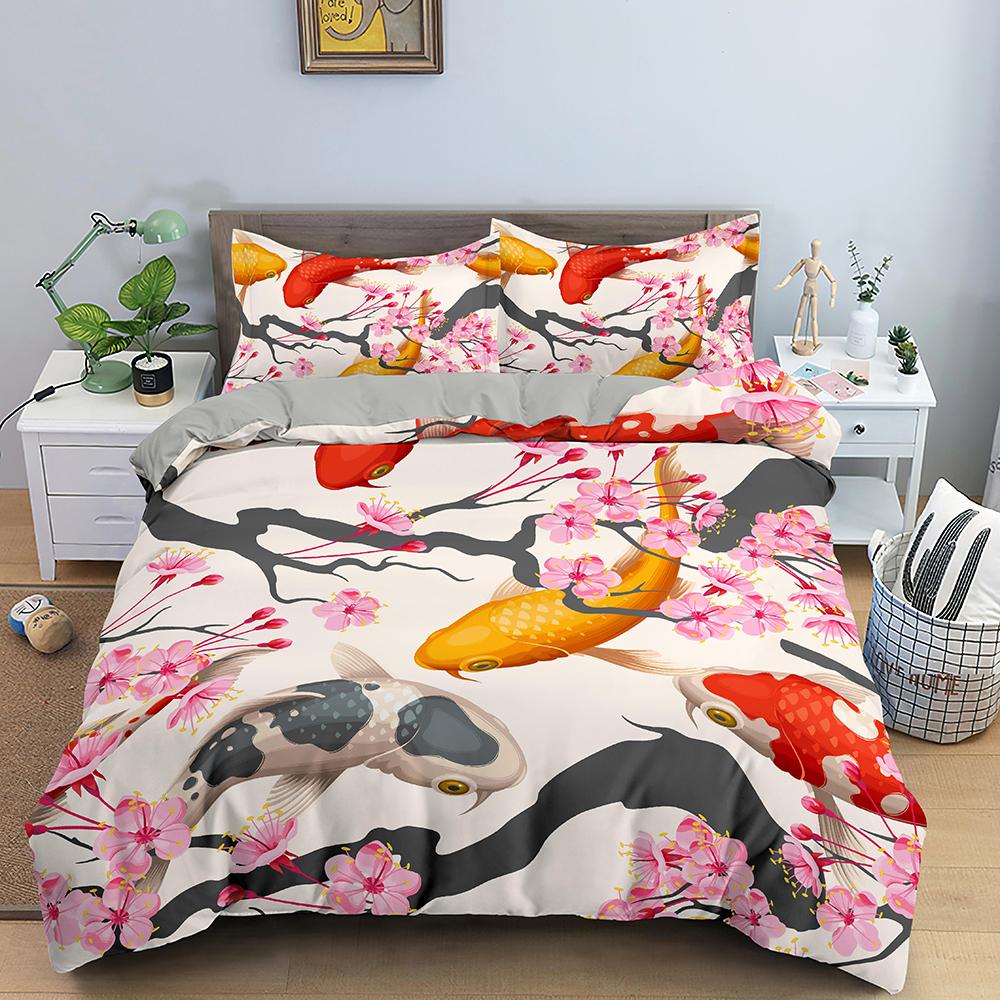Goldfish Duvet Cover King/Queen Size Golden Red 3D Animal Bedding Set For Kid Teen Adult,Fish Themed Quilt Cover With Pillowcase