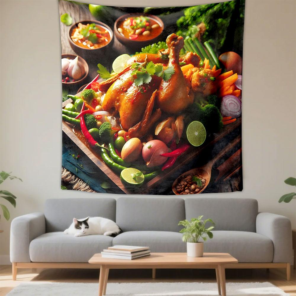 Roasted Chicken with Fresh Vegetables Patterned Tapestry Decorative Wall Hanging, Home Bedroom Living Room Decor