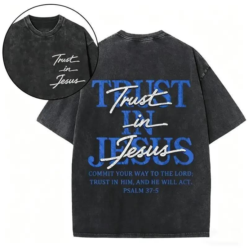Christian Washed Oversized Tee, "Trust in Jesus" Psalm 37:5 Bible Verse Design,