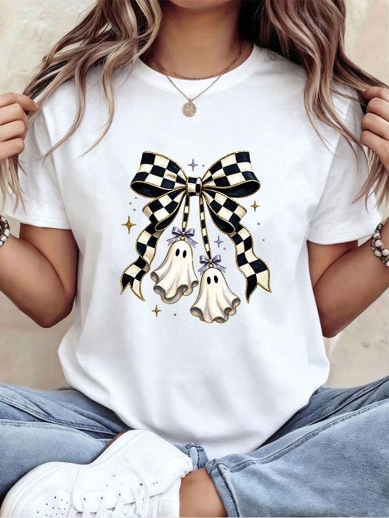 Women'S White Halloween-Themed Printed T-Shirt, Casual Top, Featuring Cute Plaid Bow Print, Availabl