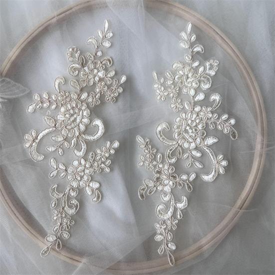 2 Pcs Embroidery Lace Applique Sewing Flower Fabric Collar Patch Motif Wedding Gown Dress Bridal DIY Crafts for Daily Wear Tailor Shops