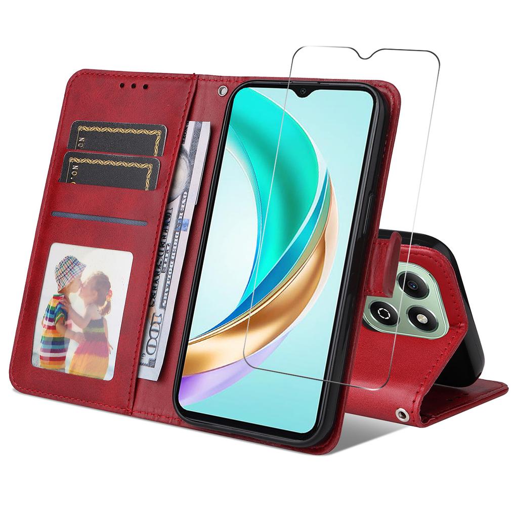 For Honor X6b 4G/Honor X5b Plus/Honor X6c 4G PU Leather Wallet Case Phone Stand Cover with Tempered Glass